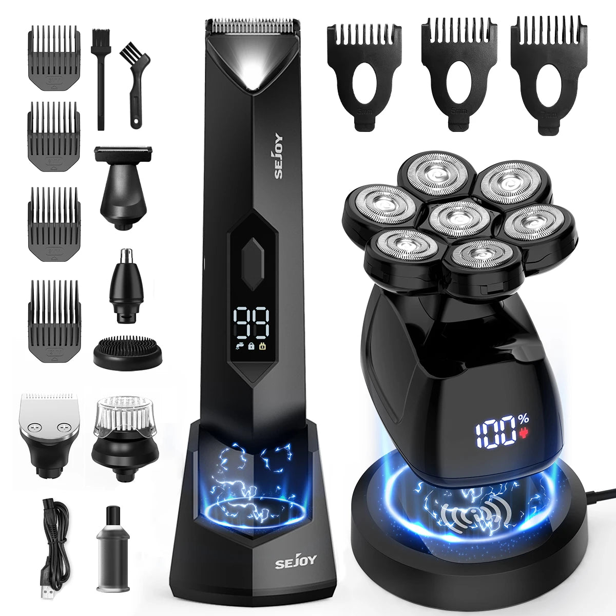 Sejoy Bald Men Hair Clippers Set Electric Head Shaver Facial Beard Trimmer Stainless Steel Blades Body Hair Shaving Machine