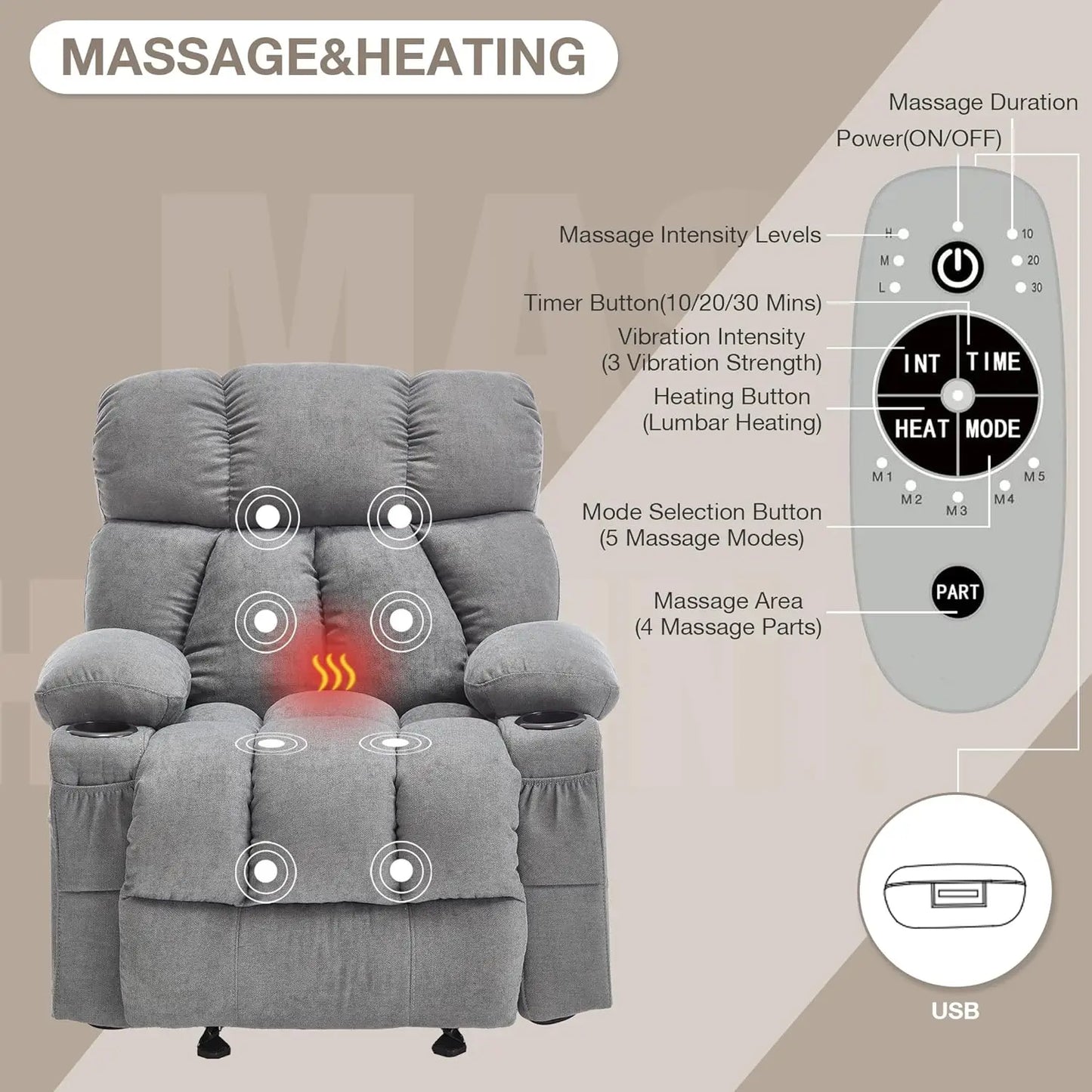 XMSJ Massage Rocker Recliner Chair With Heat And Vibration
