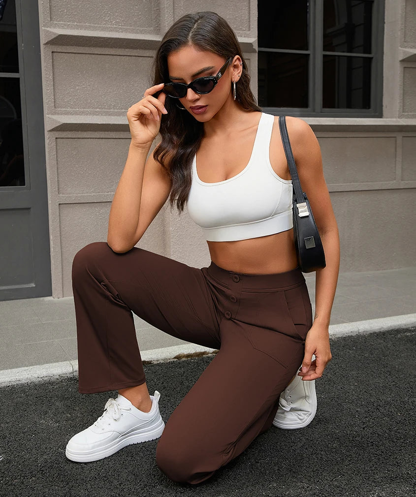 Women Loose Wide Leg Pants Button Fly Yoga Trousers