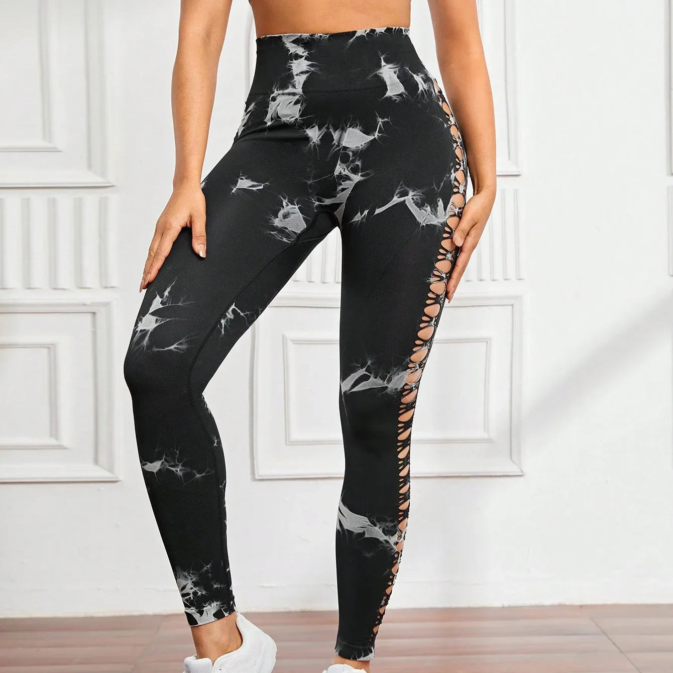 US Warehouse Seamless Yoga Pants Women Sport Leggings Fitness Gym Tight Push Up Running Pants Hollow Out Tie Dye Thunder Print