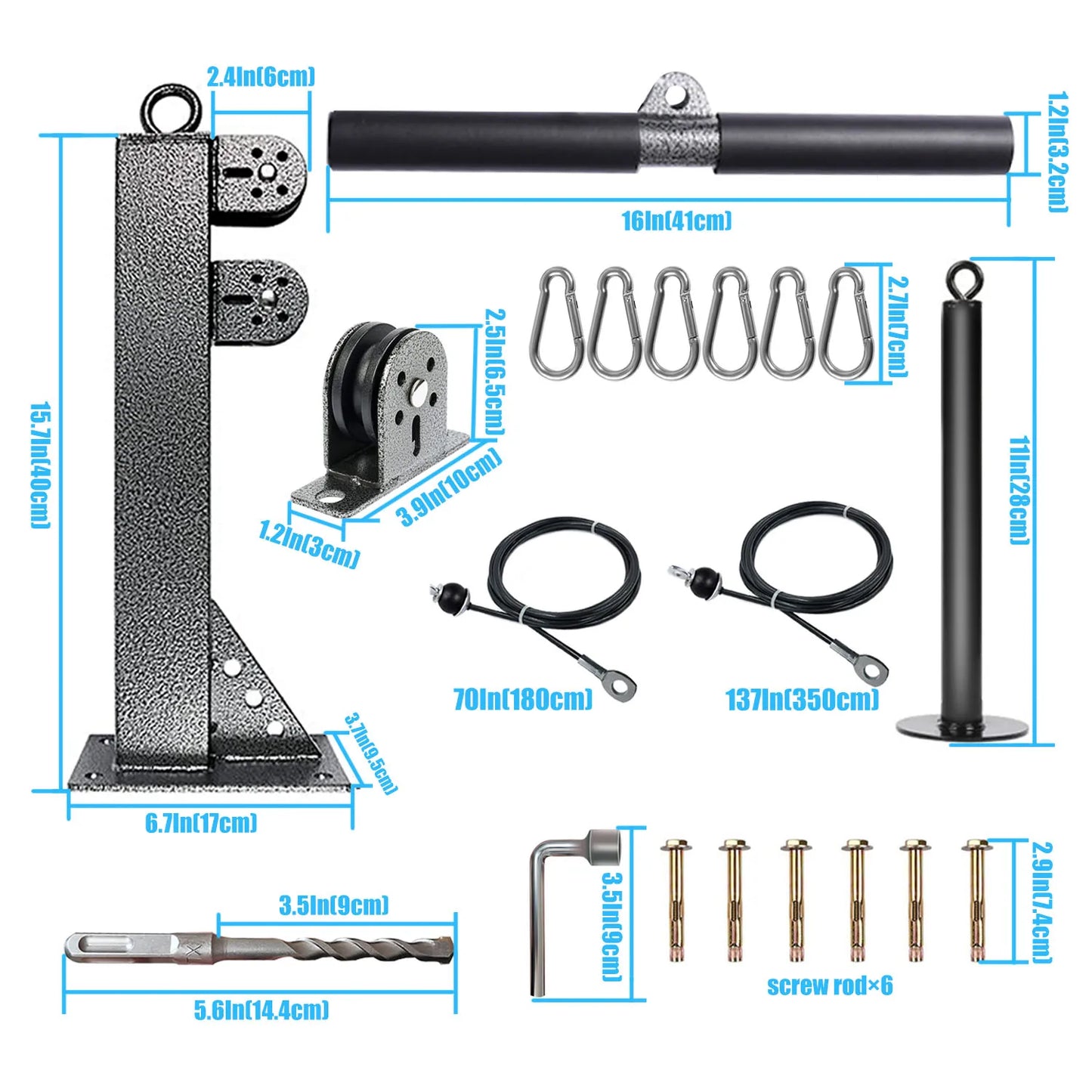 Fitness Cable Pulley System Wall Mounted LAT Pulldown Machine Tricep Rope Resistance Band Handles Gym Equipment