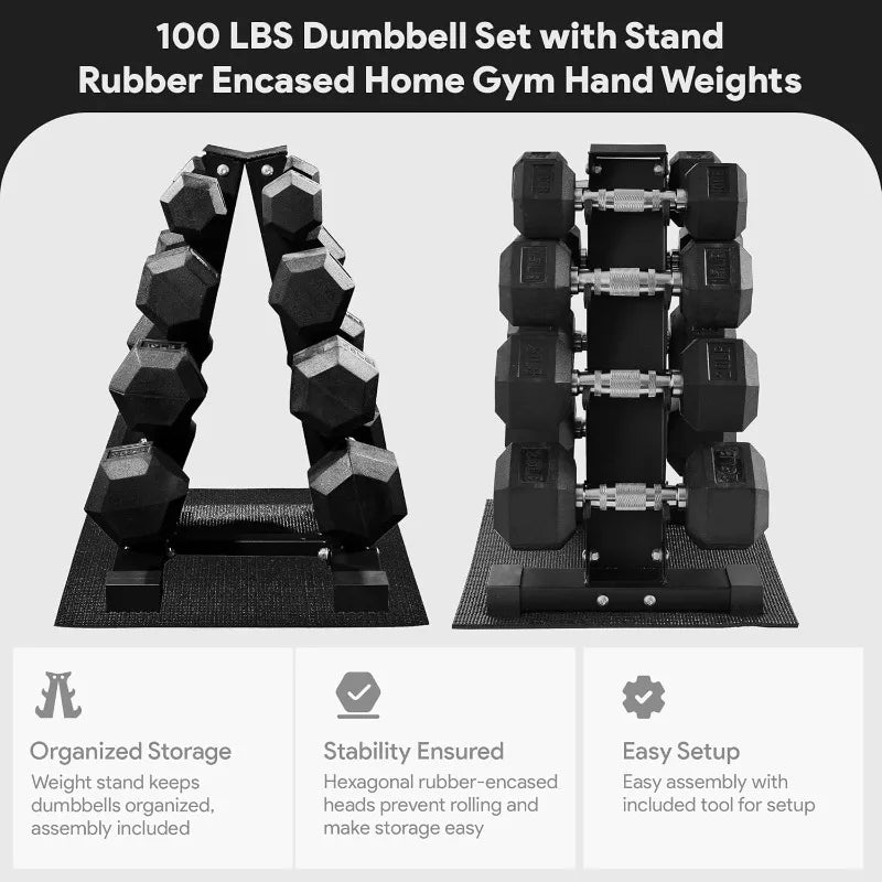 BalanceFrom 100LB or 150LB Rubber Coated Hex Dumbbell Weight Set with Storage Rack Including 5 to 20 Pounds Pairs or 5 to 25 Pounds Pairs