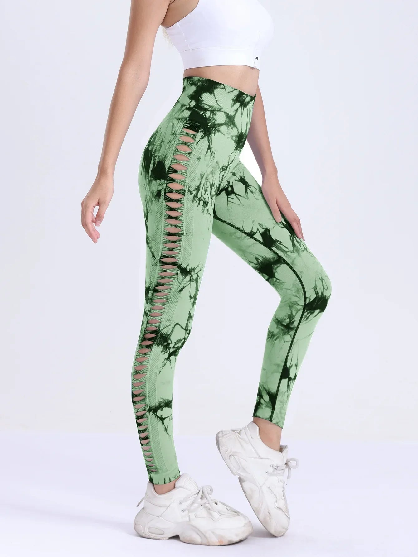 US Warehouse Seamless Yoga Pants Women Sport Leggings Fitness Gym Tight Push Up Running Pants Hollow Out Tie Dye Thunder Print