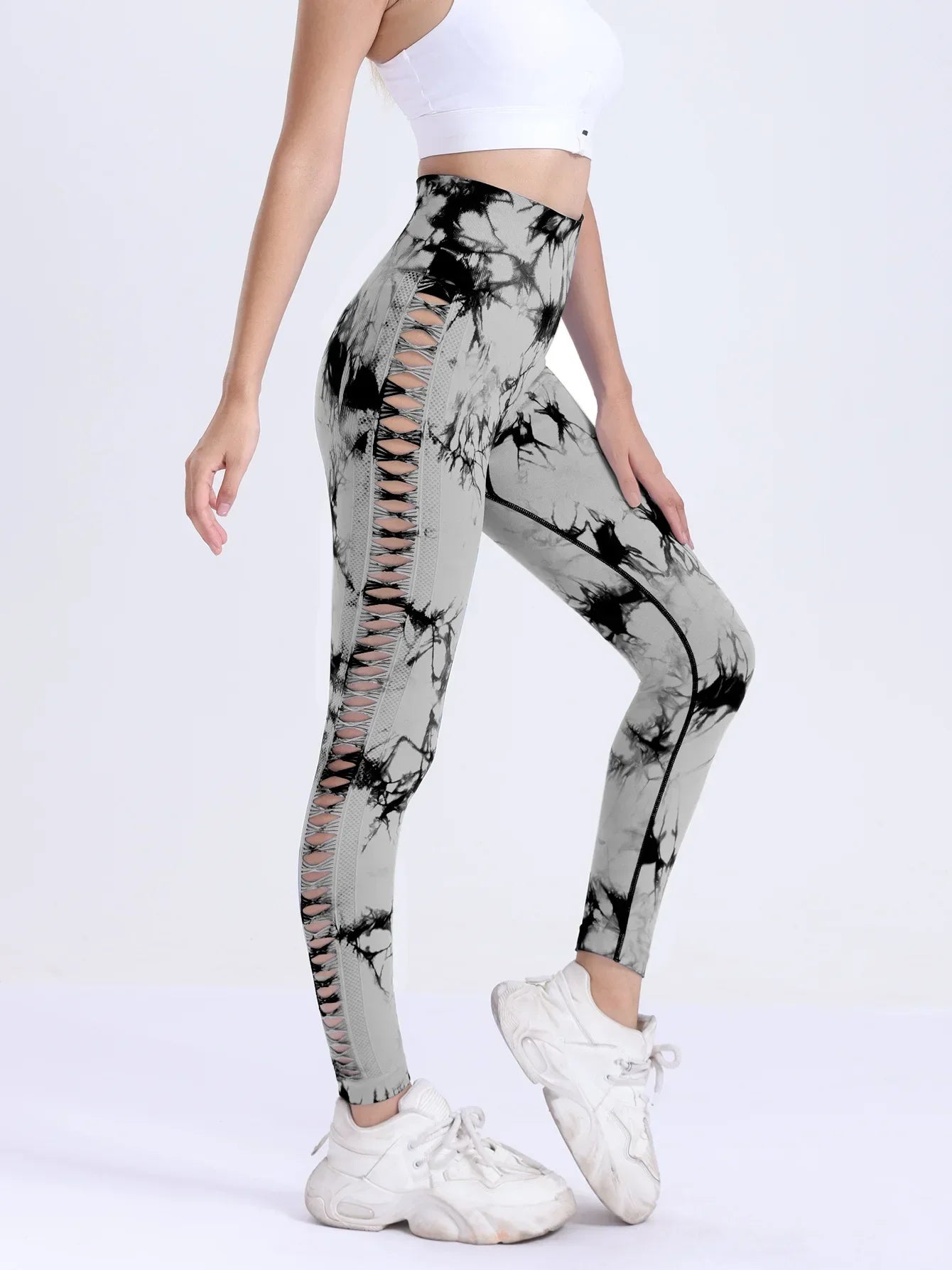 US Warehouse Seamless Yoga Pants Women Sport Leggings Fitness Gym Tight Push Up Running Pants Hollow Out Tie Dye Thunder Print