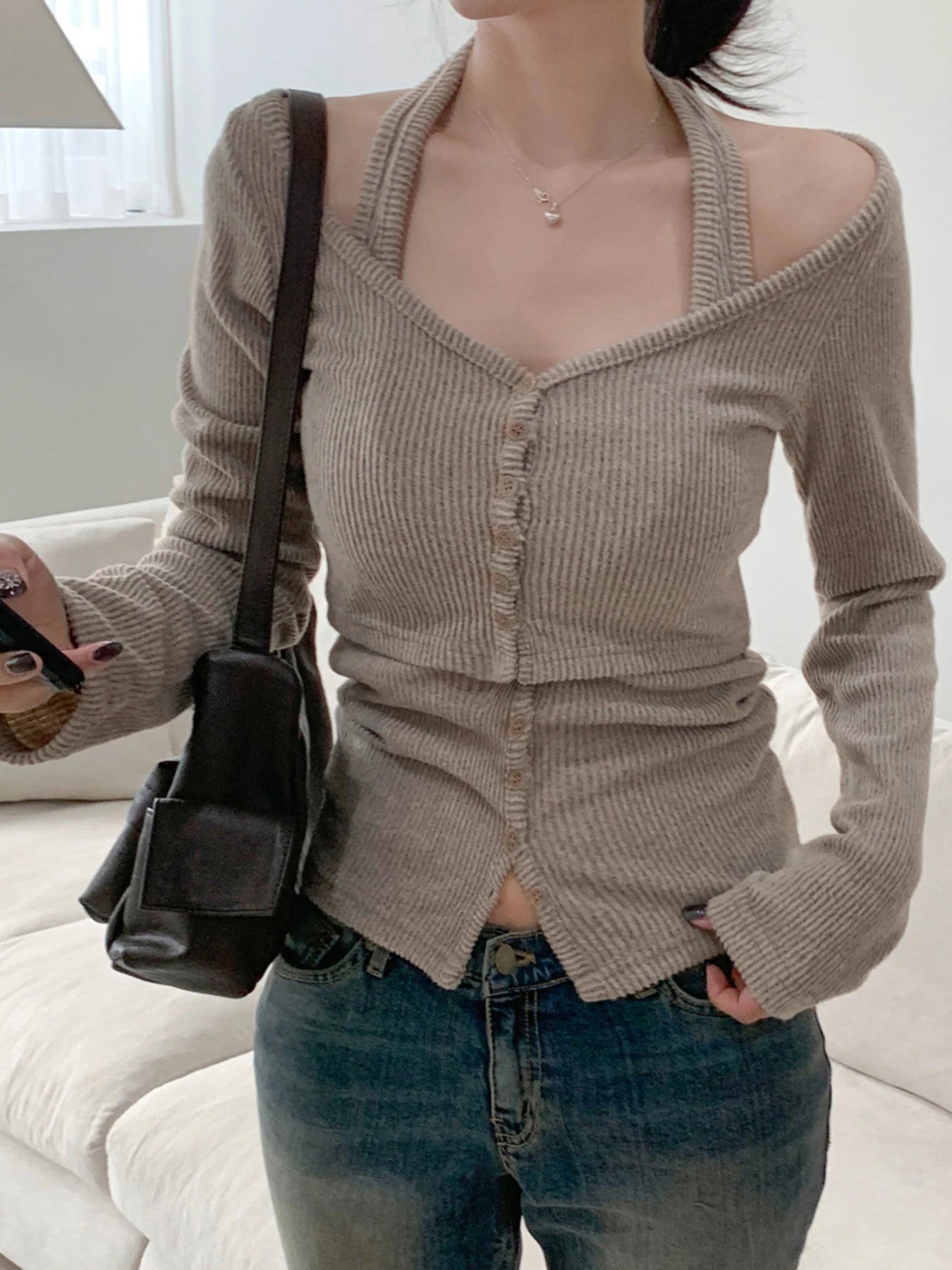 Sweetown Halter Top And Long Sleeve Blouse Set 2 Piece