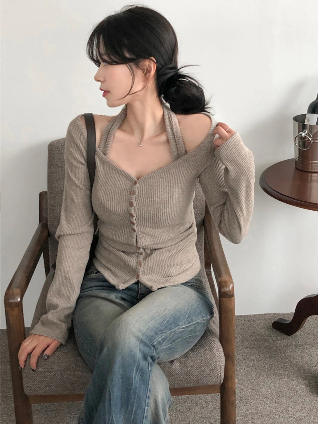 Sweetown Halter Top And Long Sleeve Blouse Set 2 Piece
