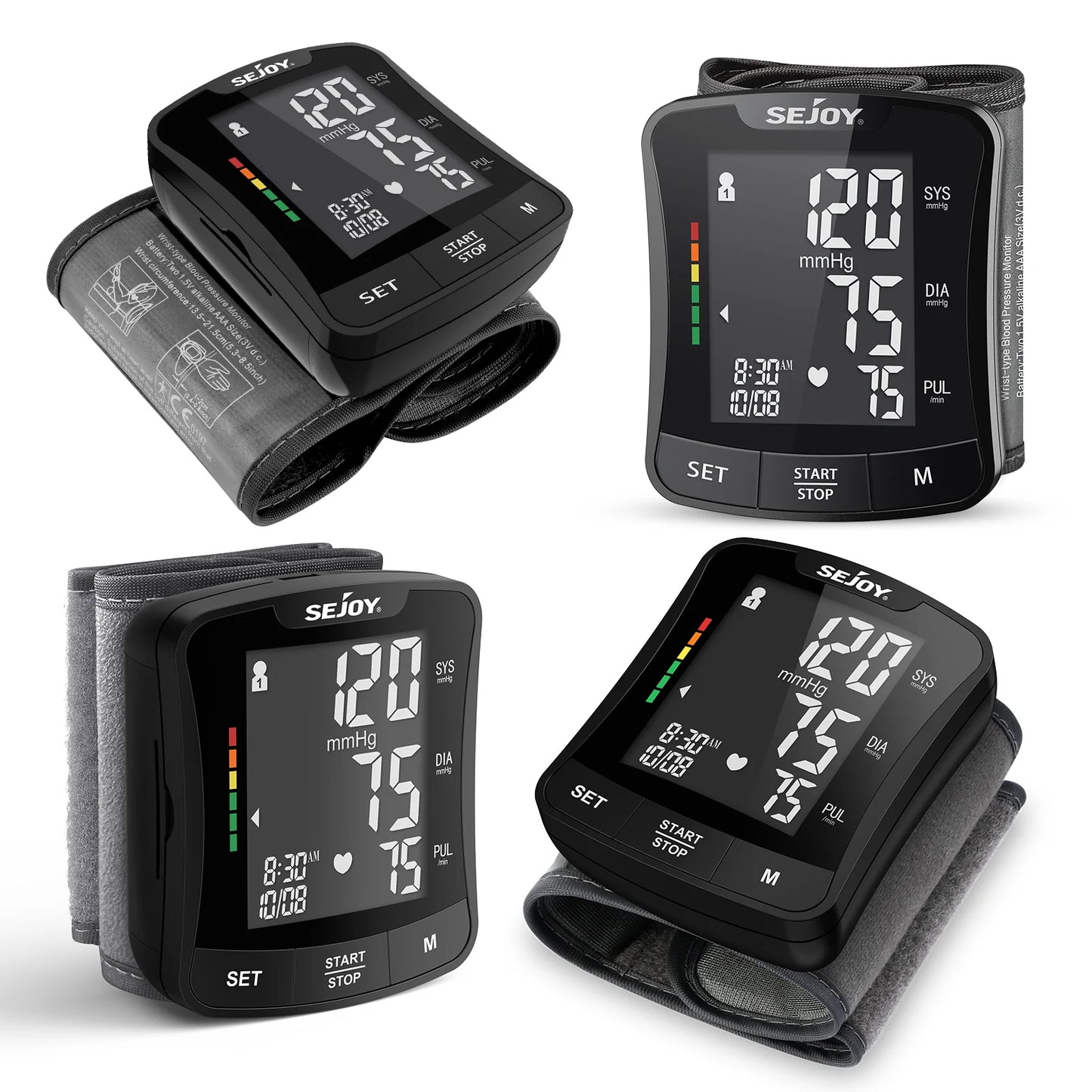 Sejoy Electronic Blood Pressure Monitor Wrist Cuff Tonometer Digital Sphygmomanometer with Large LCD Display