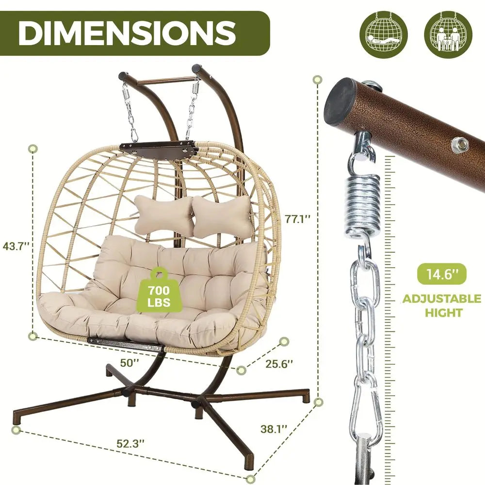 All Weather Double Hanging Egg Chair With Stand Outdoor Indoor
