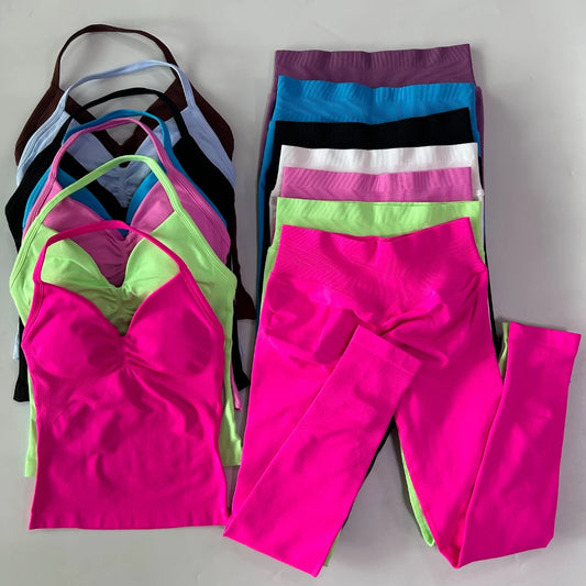 Seamless Gym Set Women Yoga Tank Tops Leggings Activewear