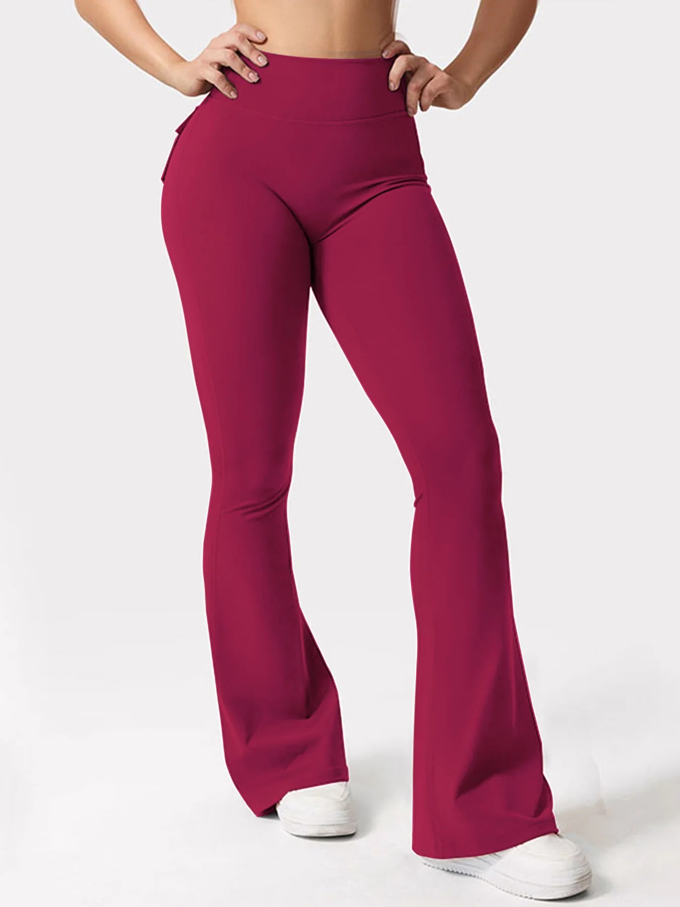 Women Yoga Flare Trousers High Waist Tummy-Control Wide Leg Pockets