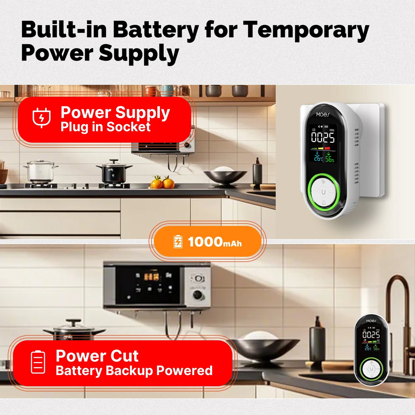 MOES CO Smoke Gas Detector Alarm Plug-in Carbon Monoxide Sensor
