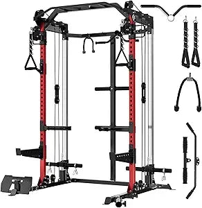 2000LB Squat Rack, Dual Pulley Cable Crossover System, Multi-function Free Weight Home Gym Workout Machine with Attachments