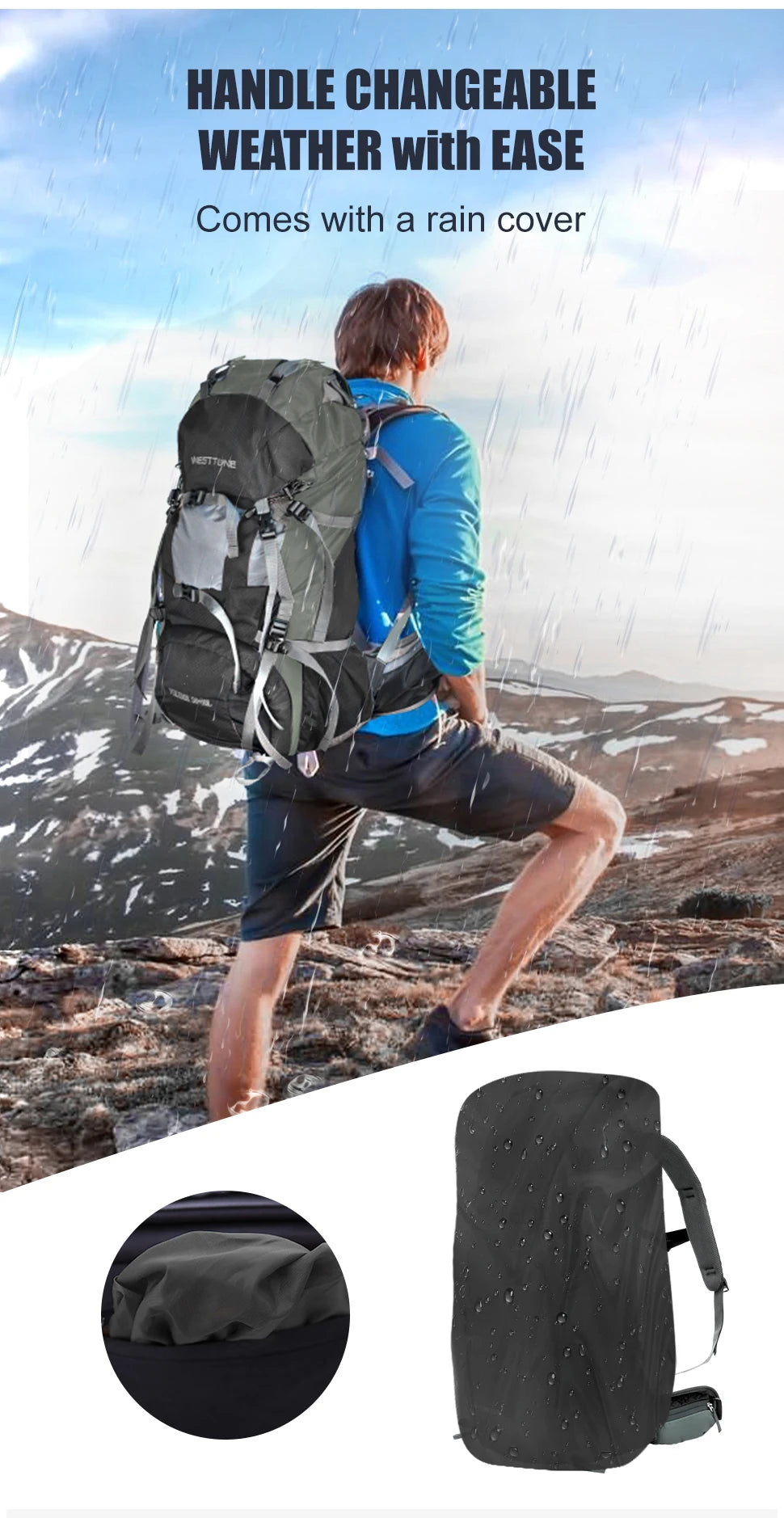 WESTTUNE Explorer Internal Frame Backpack Rain Cover Hiking