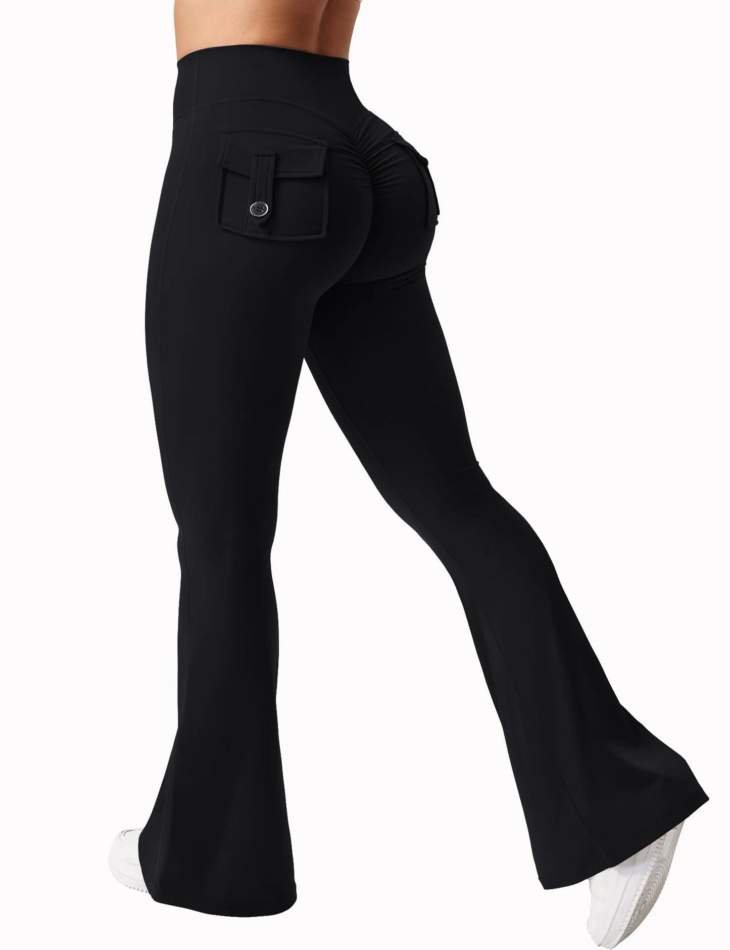 Women Yoga Flare Trousers High Waist Tummy-Control Wide Leg Pockets