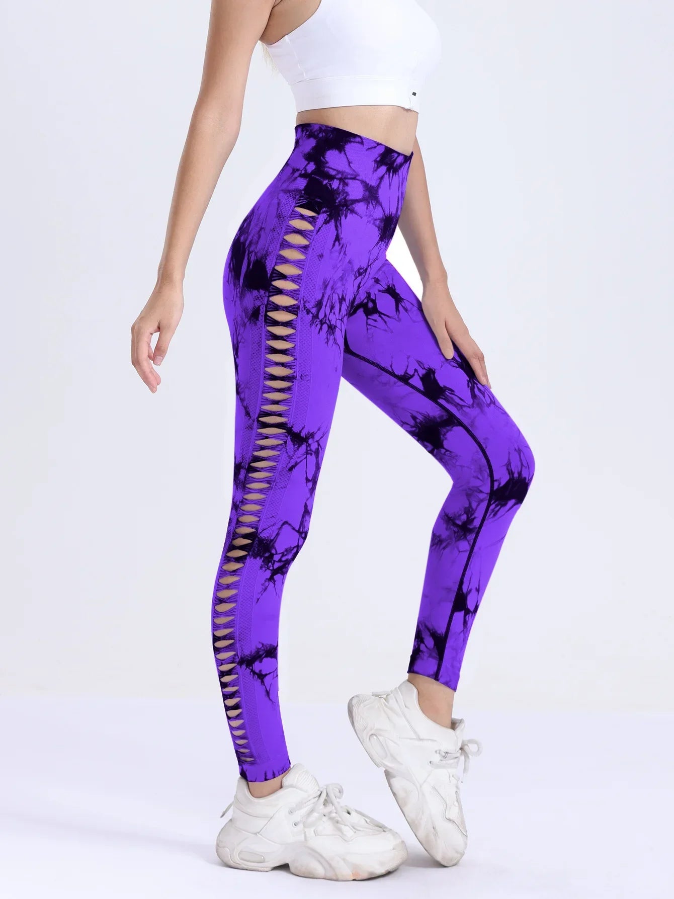 US Warehouse Seamless Yoga Pants Women Sport Leggings Fitness Gym Tight Push Up Running Pants Hollow Out Tie Dye Thunder Print