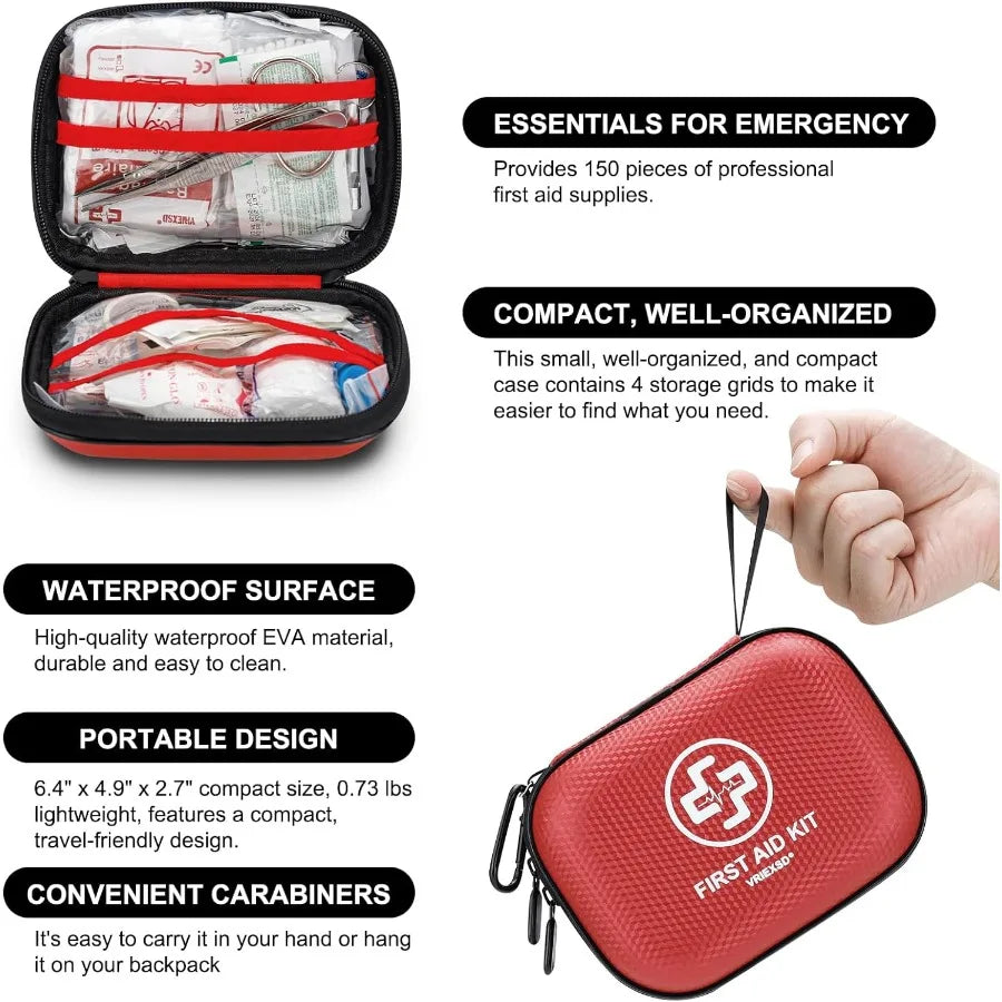 Mini First Aid Kit with 150 Pieces in Waterproof Hard Shell for Emergency Use at Home Car Travel Camping Truck Hiking Sports Of