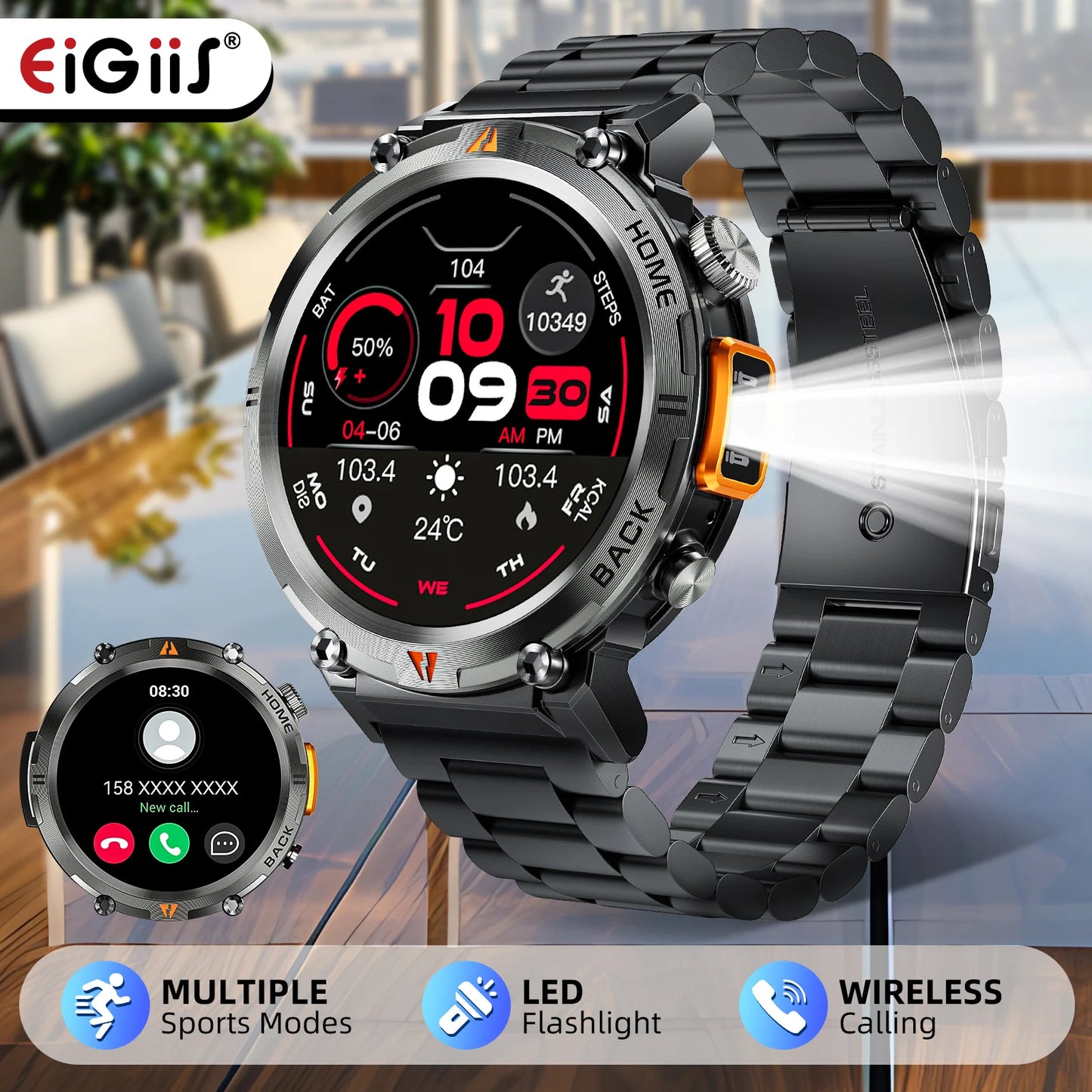 EIGIIS 2024 New KE3 Bluetooth Call Smart Watch for Men Full Touch Screen Health Monitor with Flashlight for IOS and Android