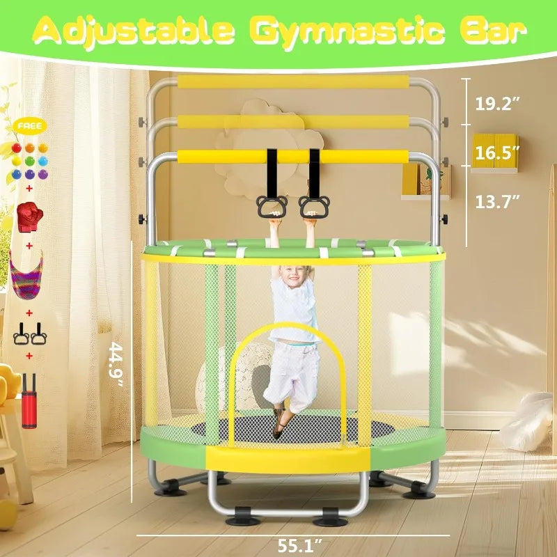55" Trampoline for Kids with Enclosure,440lbs Capacity Indoor & Outdoor Toddler Trampoline with Adjustable Gymnastics Bar & Toys