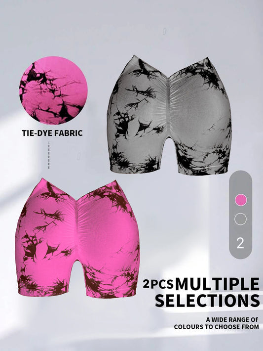 2 PACK Us Local Deep V Back Tie Dye Shorts for Women, Leisure Tie Dye Butt Lift Tight Yoga Gym Shorts