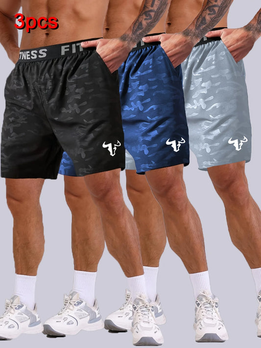 Men's Bull Print Sports Shorts 3 Piece Set for Running