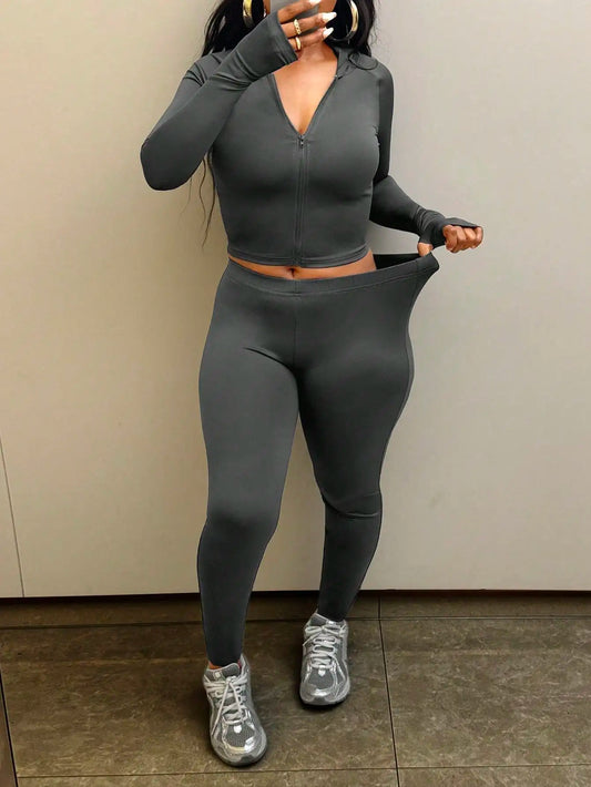 Women's Solid Color Yoga Set Long Sleeve Tee and High Waist Casual Pants Workout Gym Activewear Lounge Outfit