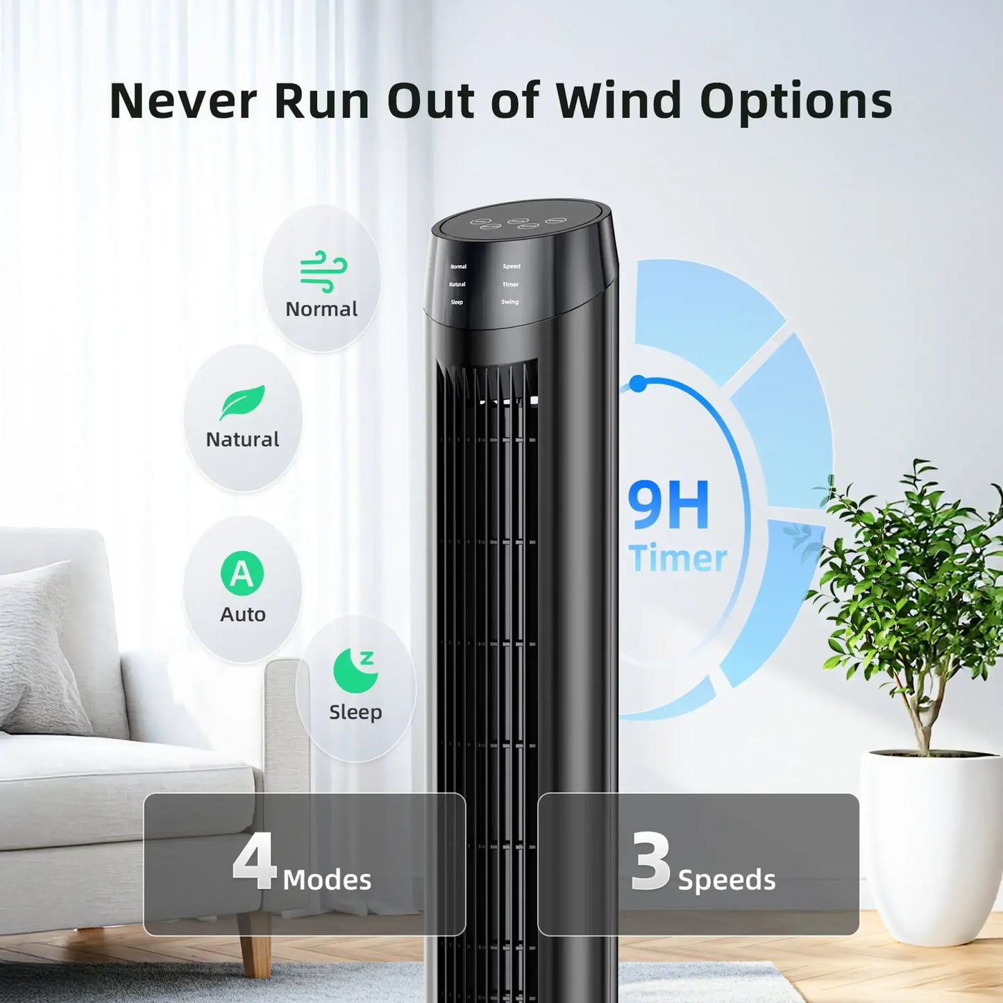 SZRSTH 36 Inch Oscillating Tower Fan for Home with 3 Speeds and Modes and 9 Hour Timer