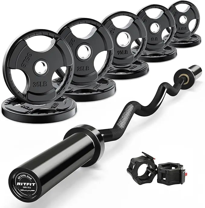 RitFit 2 Inch EZ Curl Bar with Weights, 700LBS Weight Capacity Curl Barbell for Bicep, Tricep and Weight Lifting Exercises