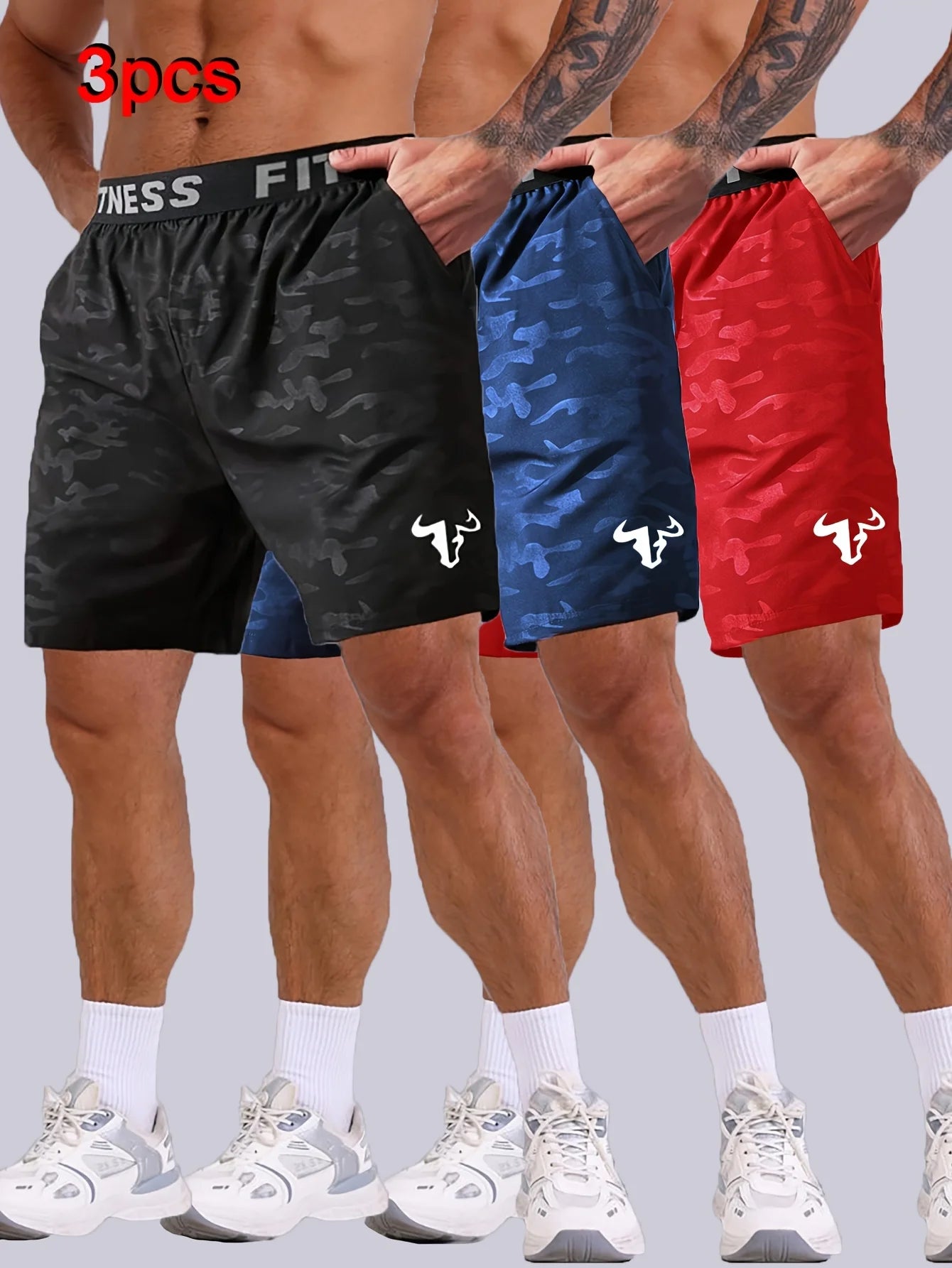 Men's Bull Print Sports Shorts 3 Piece Set for Running