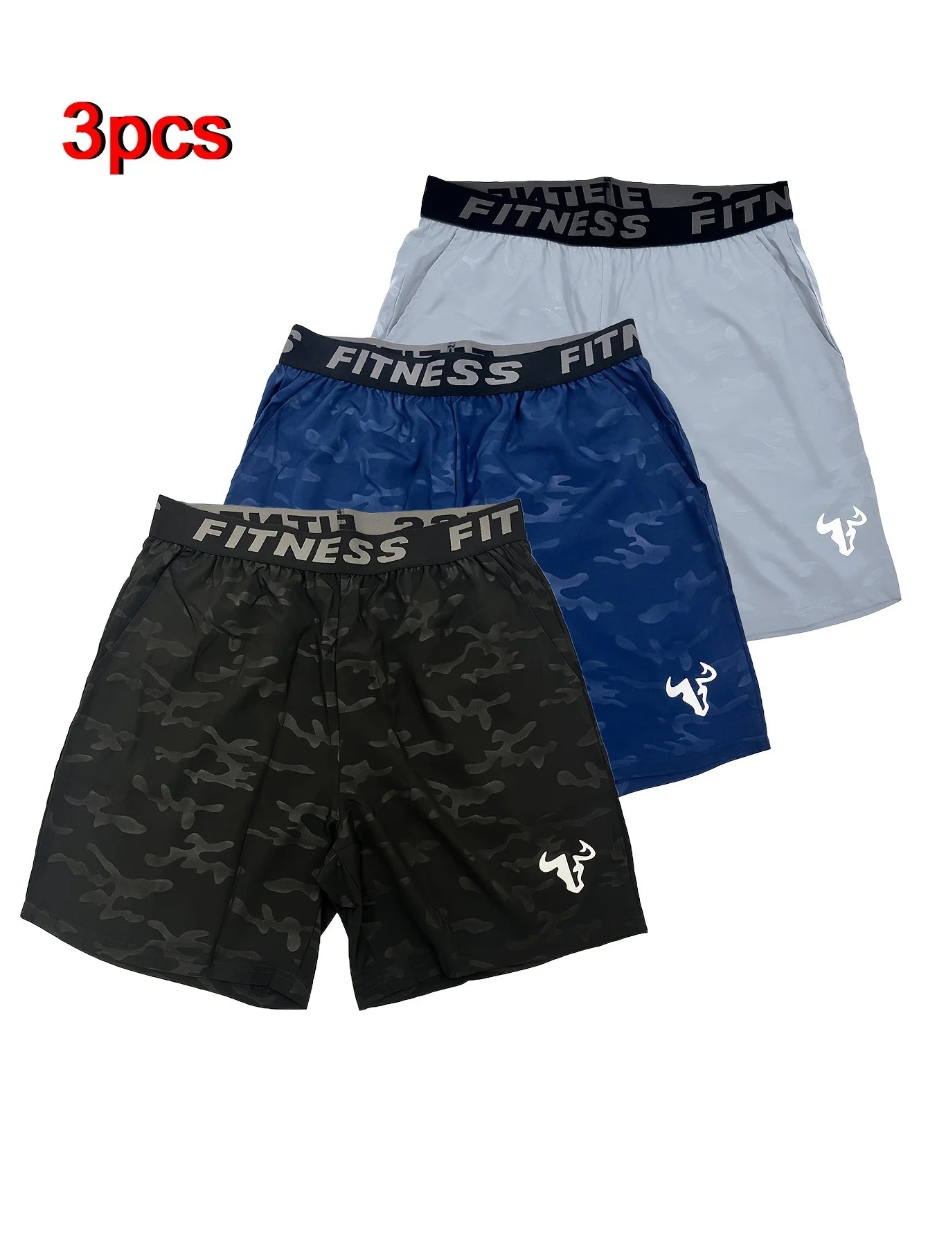 Men's Bull Print Sports Shorts 3 Piece Set for Running