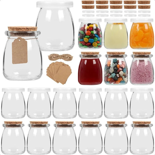 6.7 Ounce Glass Yogurt Jars 20 Pack with Cork Lids and PE Lids Containers for Candy Cake Pudding Yogurt Jam Empty Candle Jars