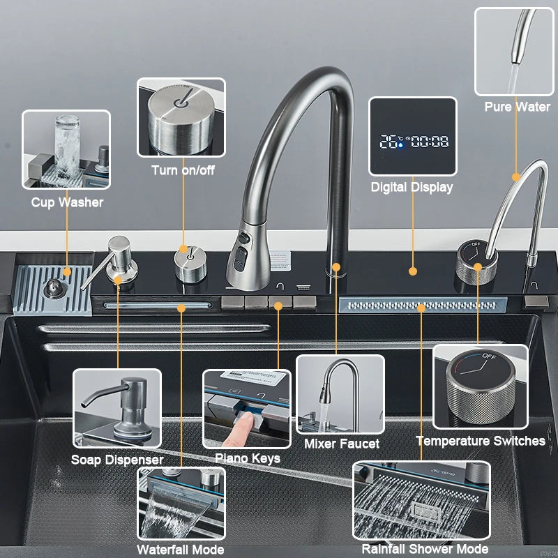 Rozin Stainless Steel Kitchen Sink with Digital Display Faucet
