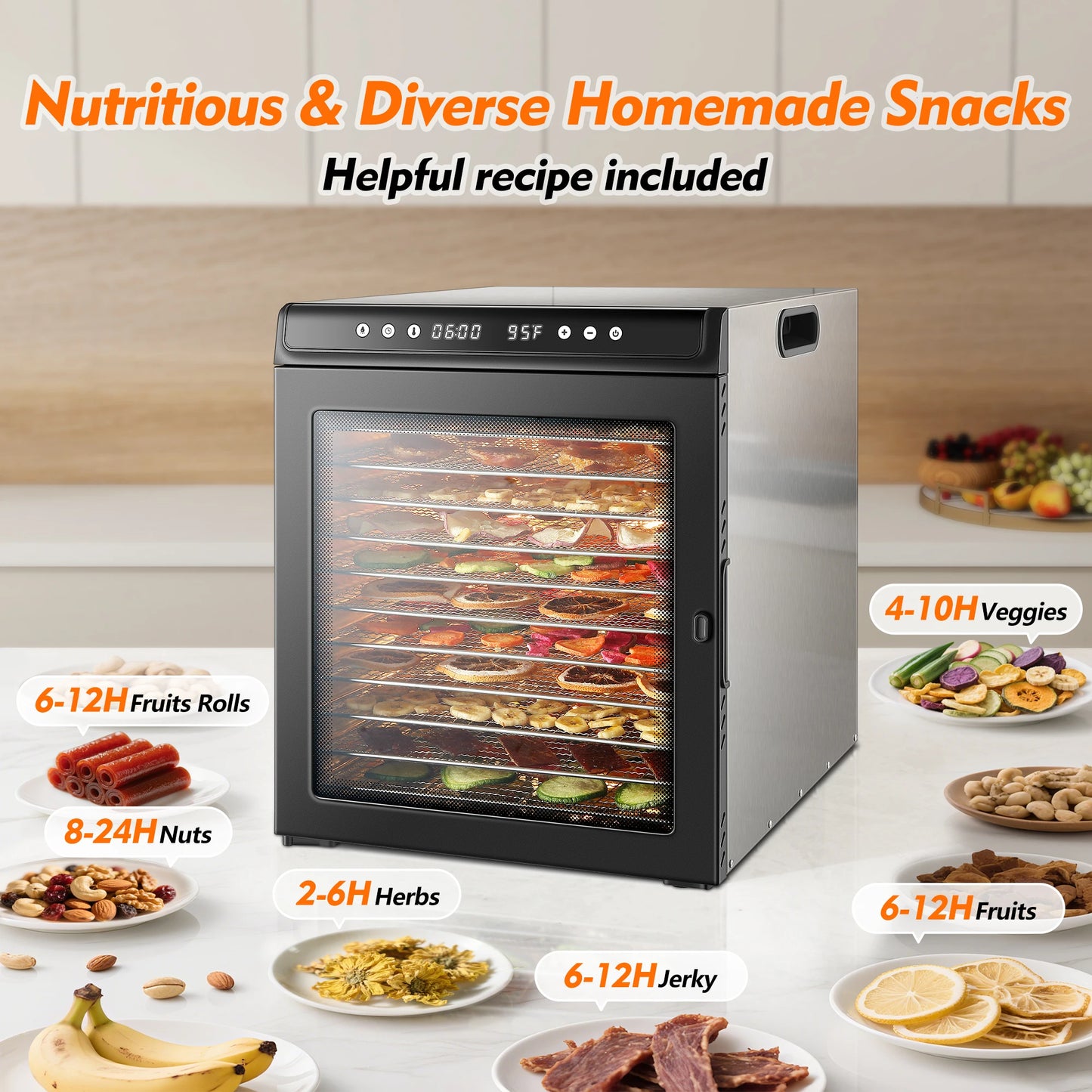 12-Tray 1300W Commercial Grade, 360° Even Drying for Jerky/Fruits, ETL Certified with 72H Timer&LED Display Food Dehydrator