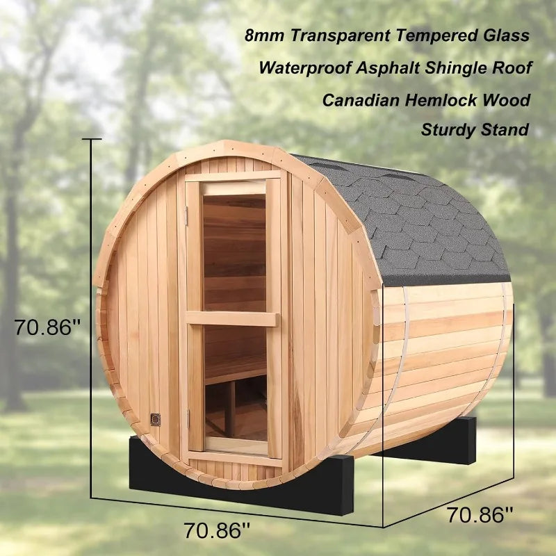 6’x6’ Outdoor Canadian Hemlock Wood Barrel Sauna Room, 6kw Family 4-6 Person Wood Sauna with TOULE Electric Heater