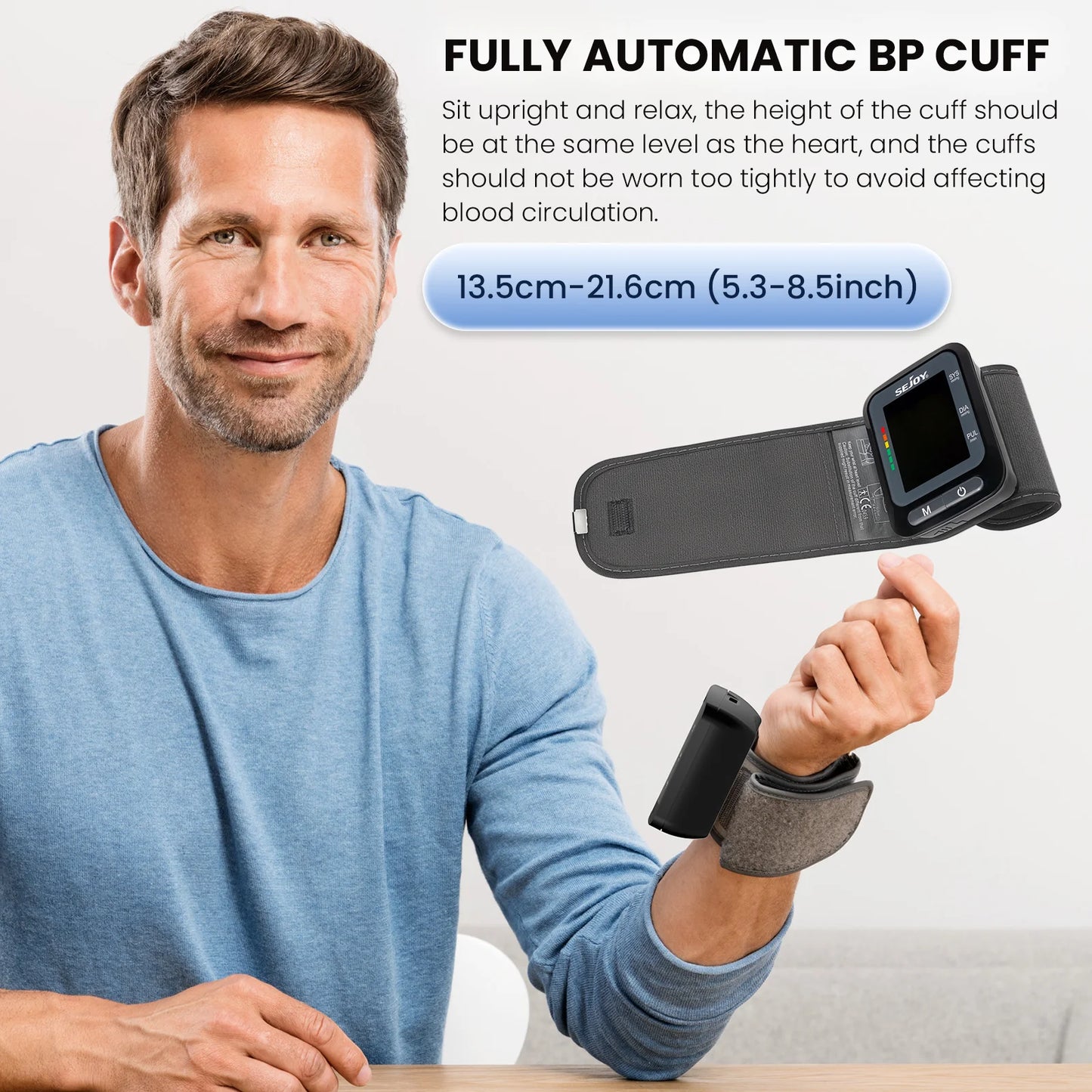 Sejoy Electronic Blood Pressure Monitor Wrist Cuff Tonometer Digital Sphygmomanometer with Large LCD Display