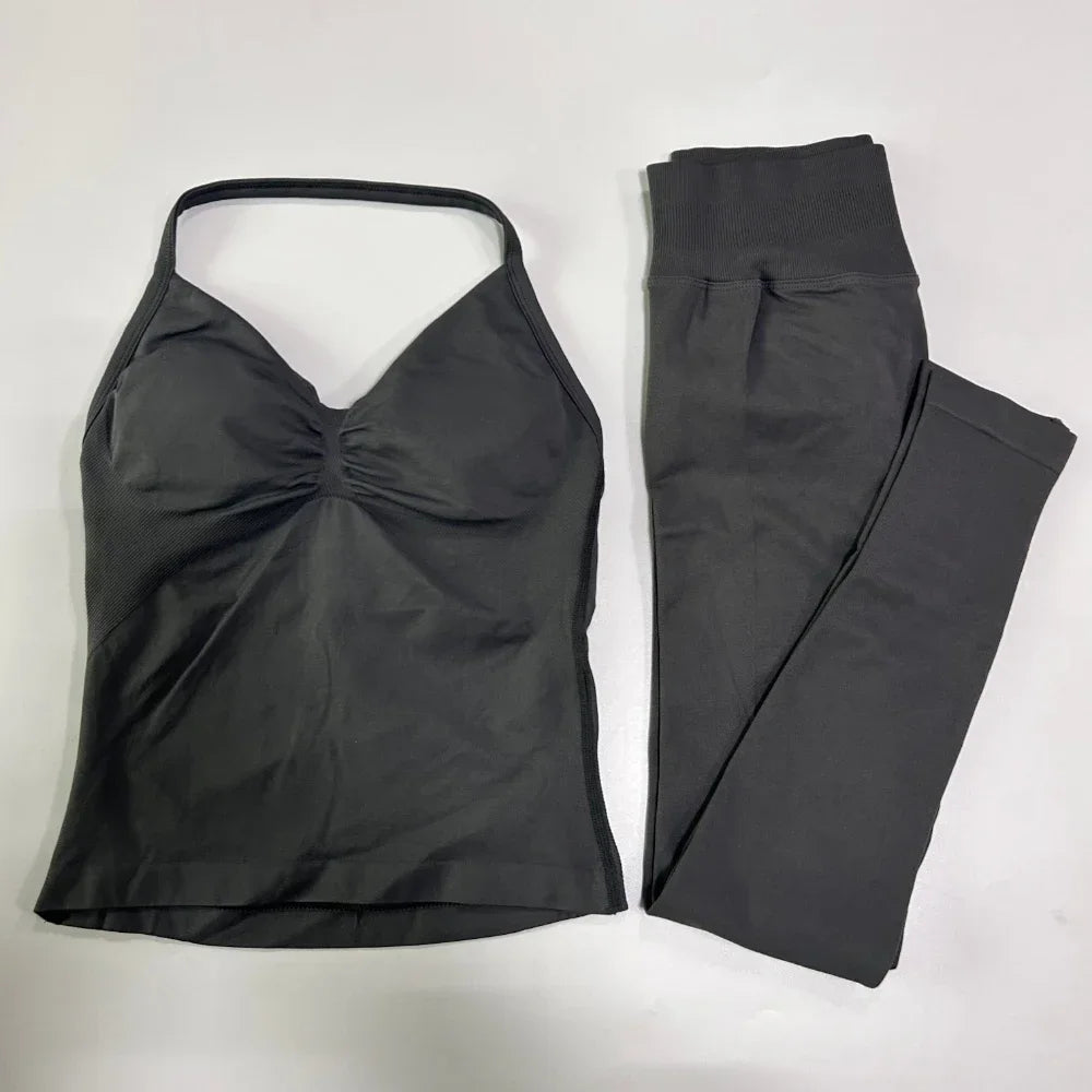 Seamless Gym Set Women Yoga Tank Tops Leggings Activewear