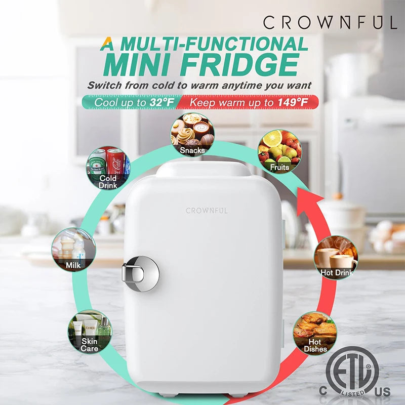 Crownful 4L Mini Multifunction Refrigerator Electric Portable Beauty Cooler Warmer Car Fridge for Home Camping and Travel