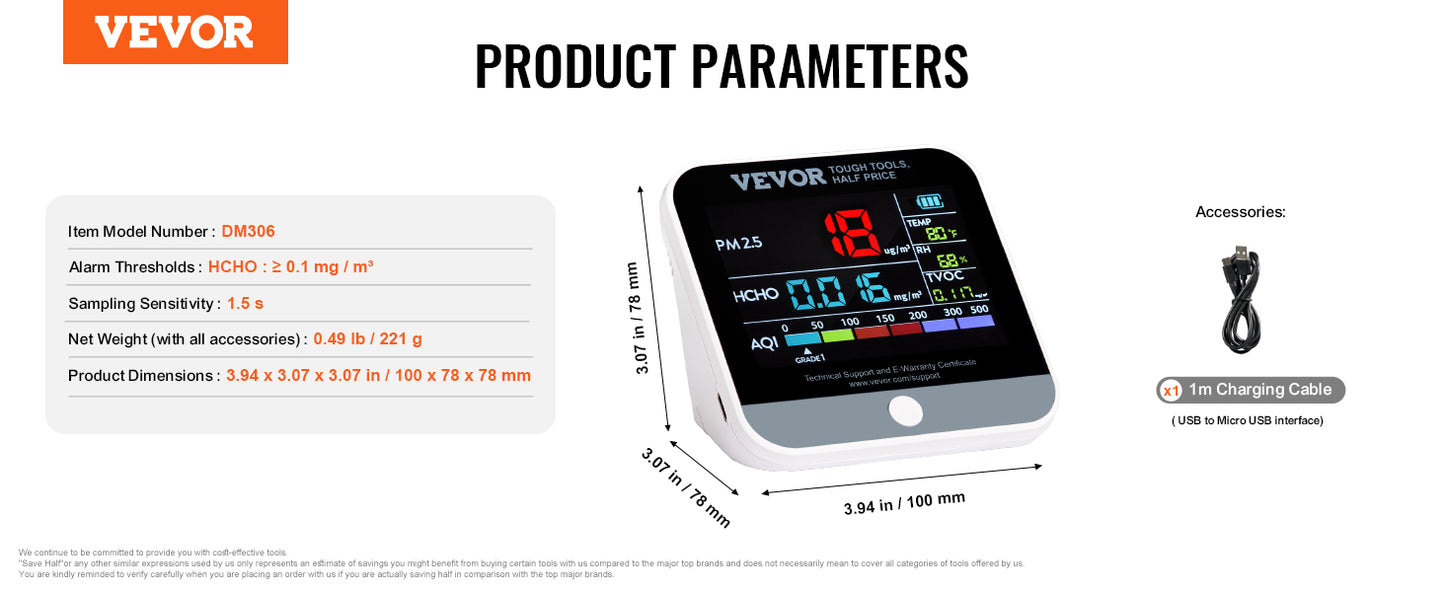 VEVOR Air Quality Monitor 8 In 1 PM2 5 PM10 PM1 0 Indoor