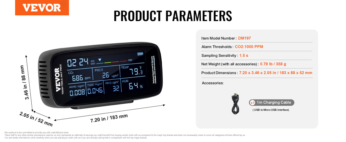 VEVOR Air Quality Monitor 8 In 1 PM2 5 PM10 PM1 0 Indoor